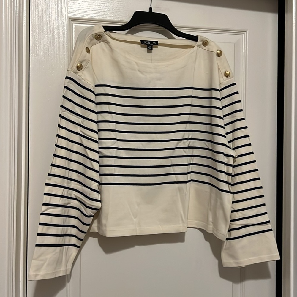 NWT J Crew Cropped boatneck T-shirt with buttons in mariner cotton